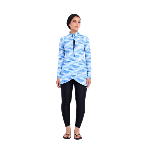 Aerobird Fadila Swimming Top with Pants For Women, Blue & Frozen White - 2 Pieces
