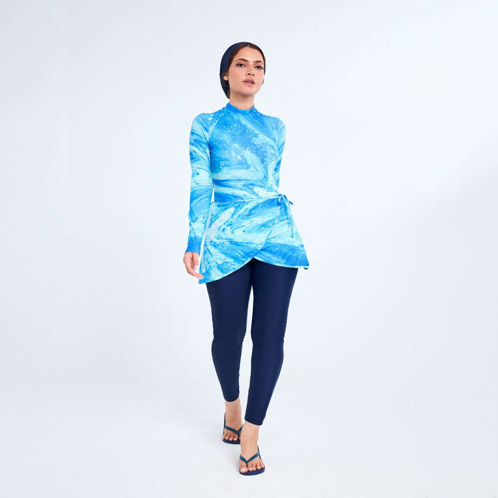Aerobird Nabila Long-Sleeves Swimsuit with Skirt For Women, Aqua Blue - 2 Pieces